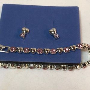 Avon pink rhinestone heart bracelet and earring gift set, large, with box/ 2002